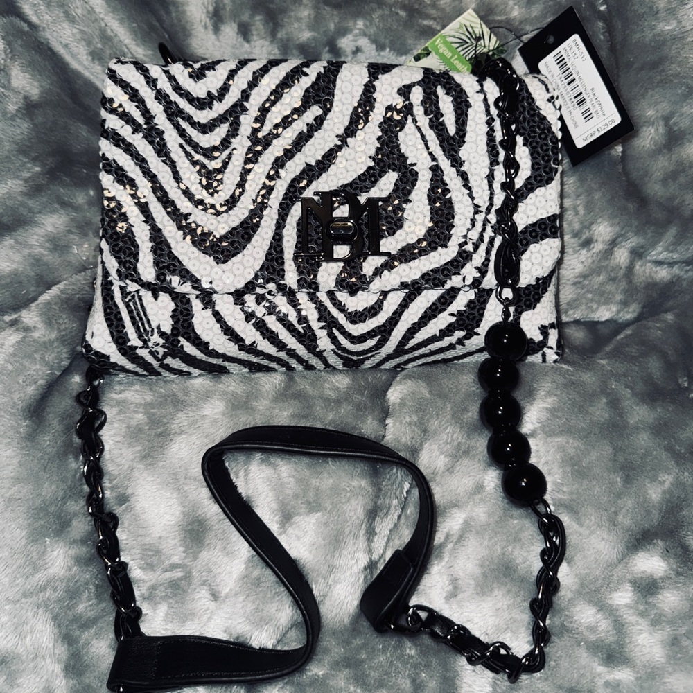 Badgley Mischka Black and White Zebra Sequined Crossbody Bag